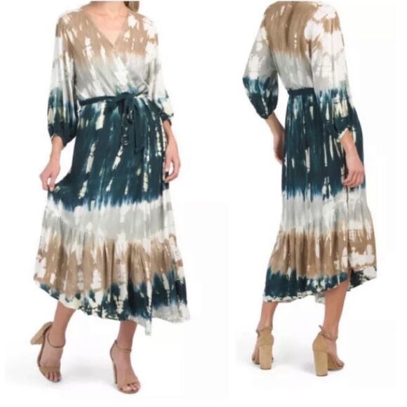 Young Fabulous & Broke Jillian Faux Wrap Asymmetrical Tie Dye MIDI Dress Sz M - Picture 1 of 12